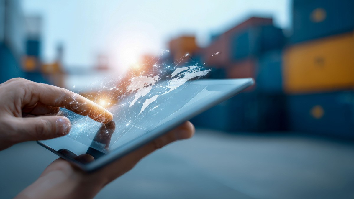 Close up on a tablet emphasizing end to end freight visibility